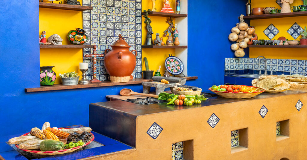 Blue and yellow tile kitchen