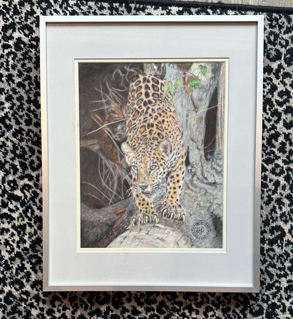 Cheetah drawing on tree trunk