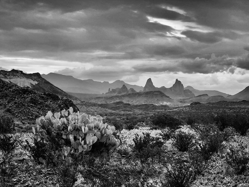 desert and mountains in black and white